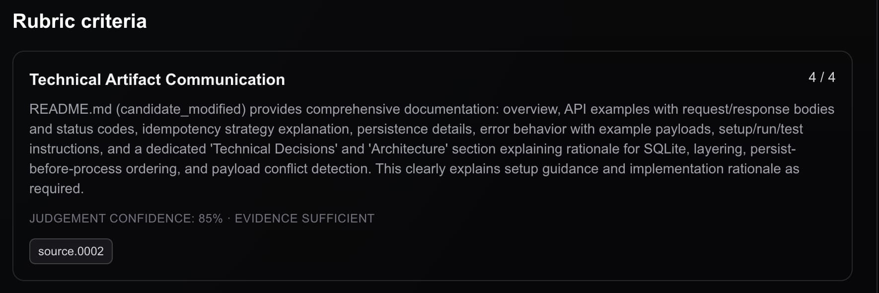 Technical Evaluation criterion showing its score, judgment, confidence, evidence sufficiency, and source reference