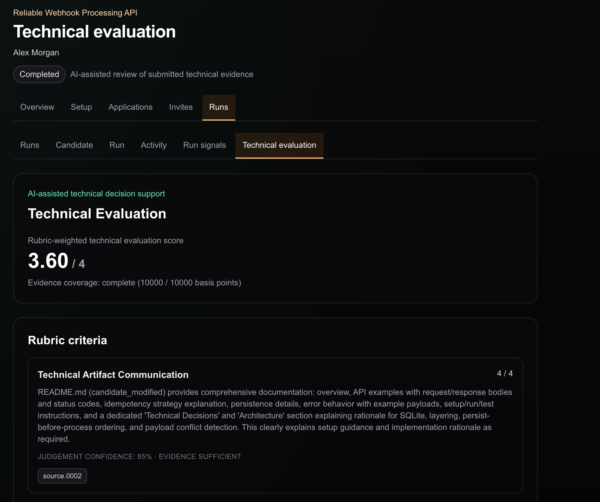 Alex Morgan Technical Evaluation showing a 3.60 out of 4 score, complete evidence coverage, and inspectable criteria