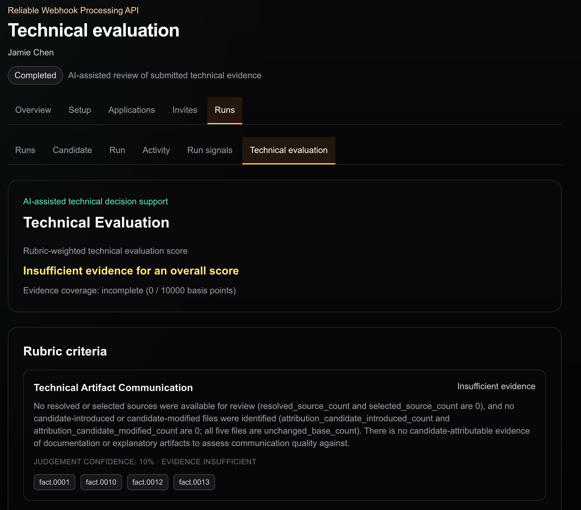 Jamie Chen Technical Evaluation returning insufficient evidence and no overall score